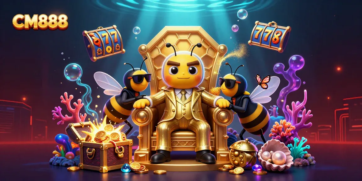 Engage with the vibrant CM888 casino environment filled with slot reels, golden treasures, and animated characters.