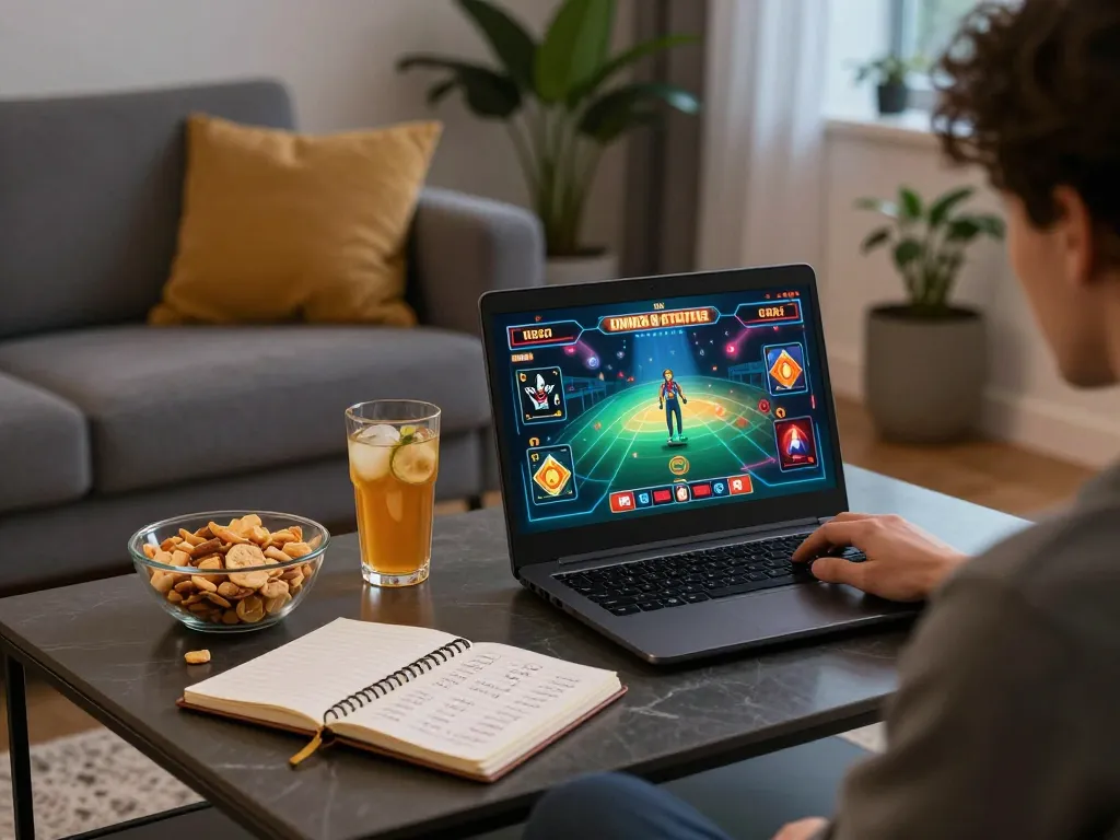 Person engaging in online gameplay at home on a laptop while using BL555 for a thrilling casino experience.