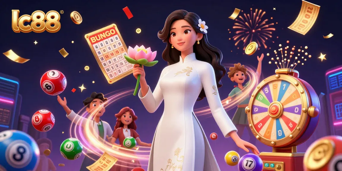 Experience the excitement of lc88 with an elegant woman holding a lotus flower amidst a vibrant casino scene.