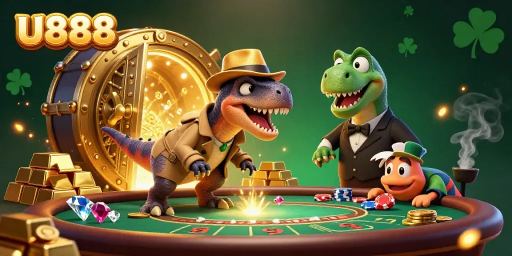 U888 velociraptor playing blackjack in a vibrant casino scene filled with treasures.