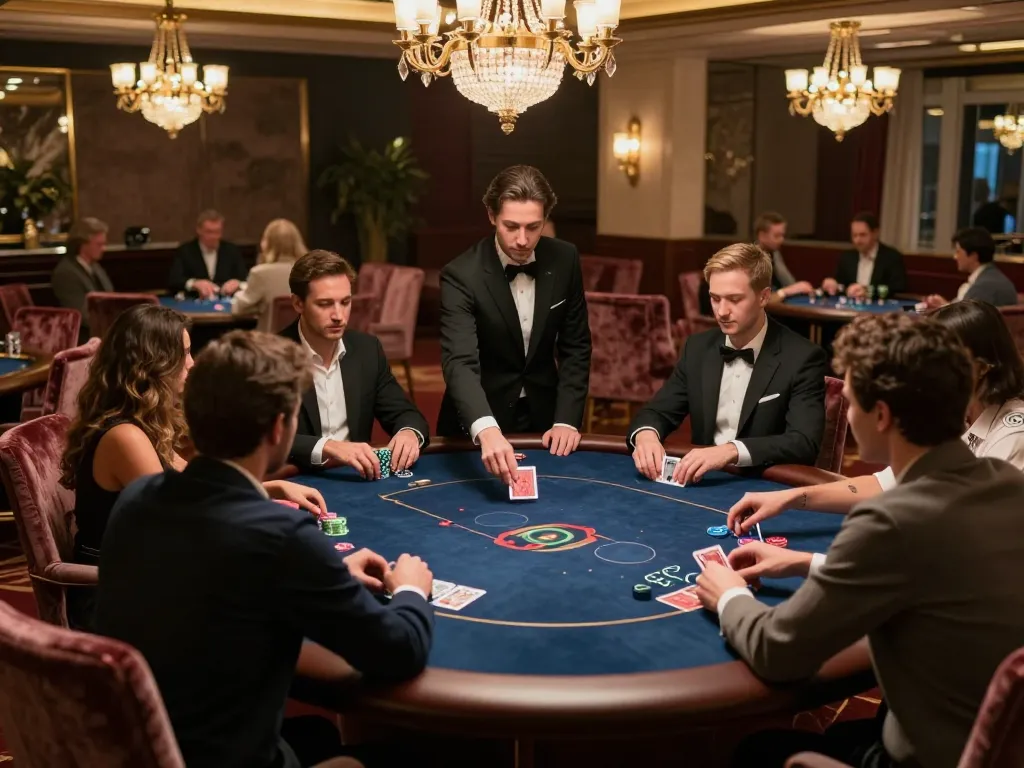 Players strategizing at 789win VIP poker table, with elegant decor and high-stakes atmosphere.