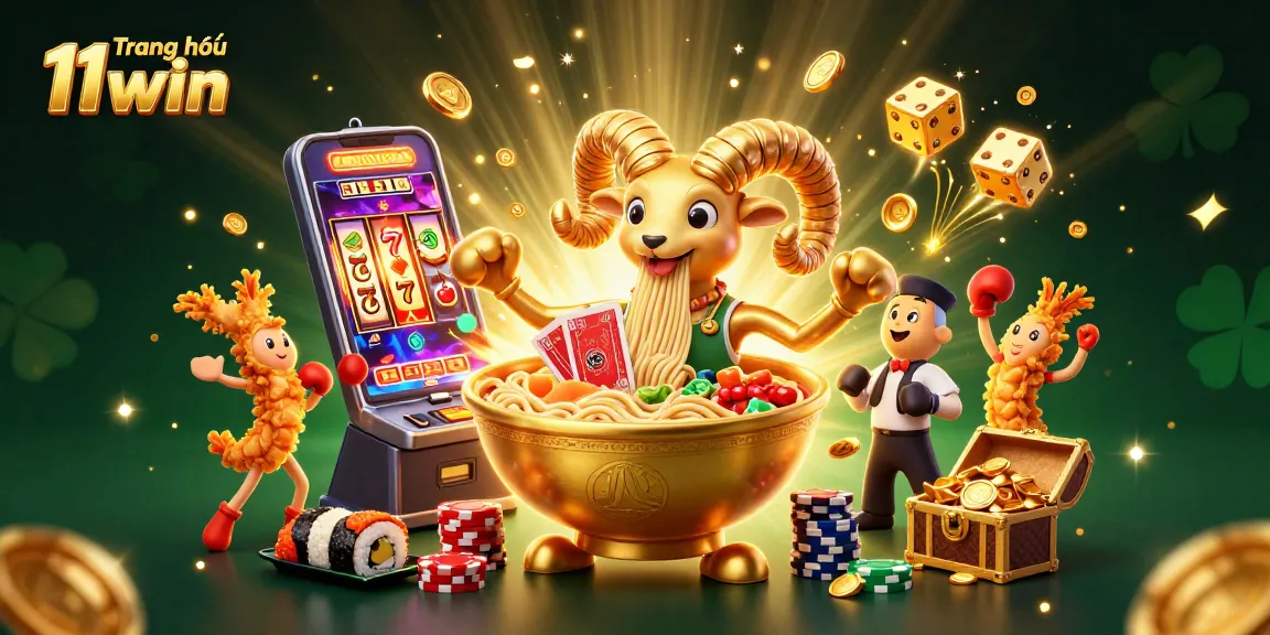 Experience the thrill of Trang chủ 11win with a vibrant casino scene featuring a giant ramen bowl dealer and exciting game elements.