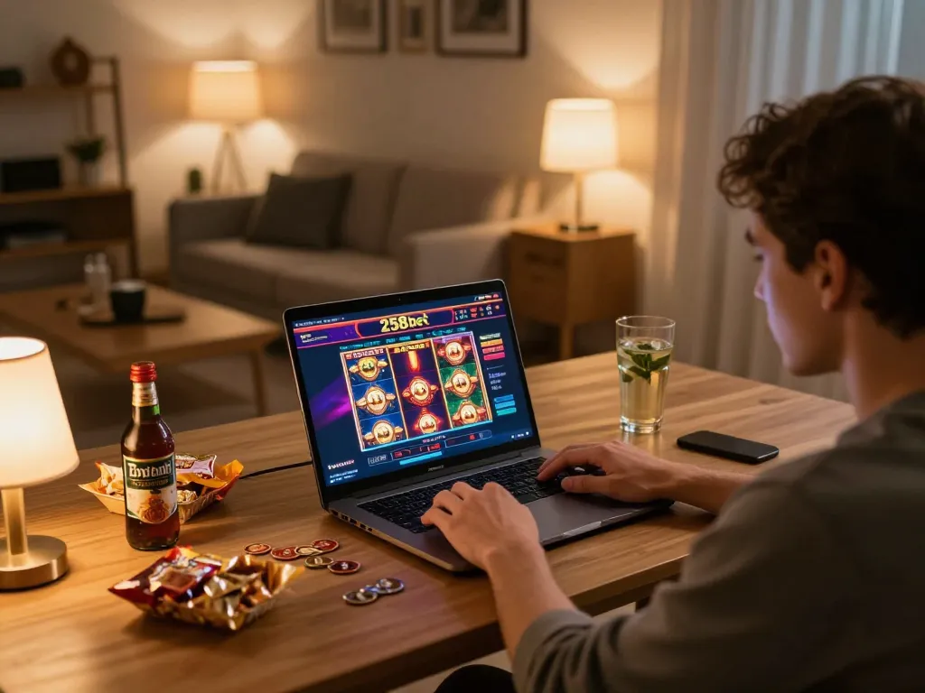Engaging online gambling with 258bet on a laptop in a cozy home environment.