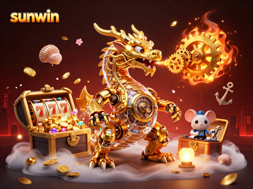 Experience the excitement of sunwin as a golden dragon breathes gears amidst dazzling slot reels and treasure.