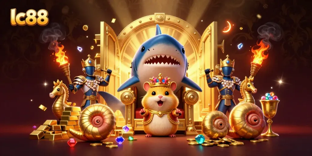 Win big at lc88 with a cartoon hamster king among treasures and seahorse guards in a vibrant casino scene.