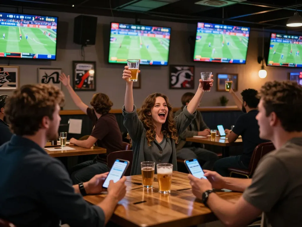 Fans enjoying sports betting at a lively venue while using keonhacaii88 app for the latest odds.