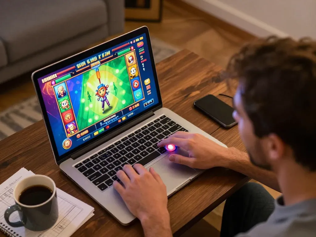 Player engaging with online slot game interface on laptop, reflecting excitement of pucuk138 experience.