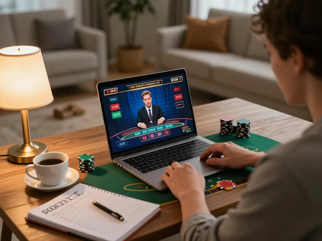 Dola789 user engages in online blackjack, showcasing strategic gameplay at home with a cozy setup