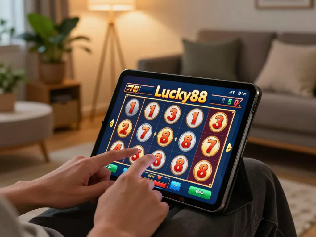 Engaged player enjoying the Lucky88 slot game on a tablet, showcasing responsible online gambling.