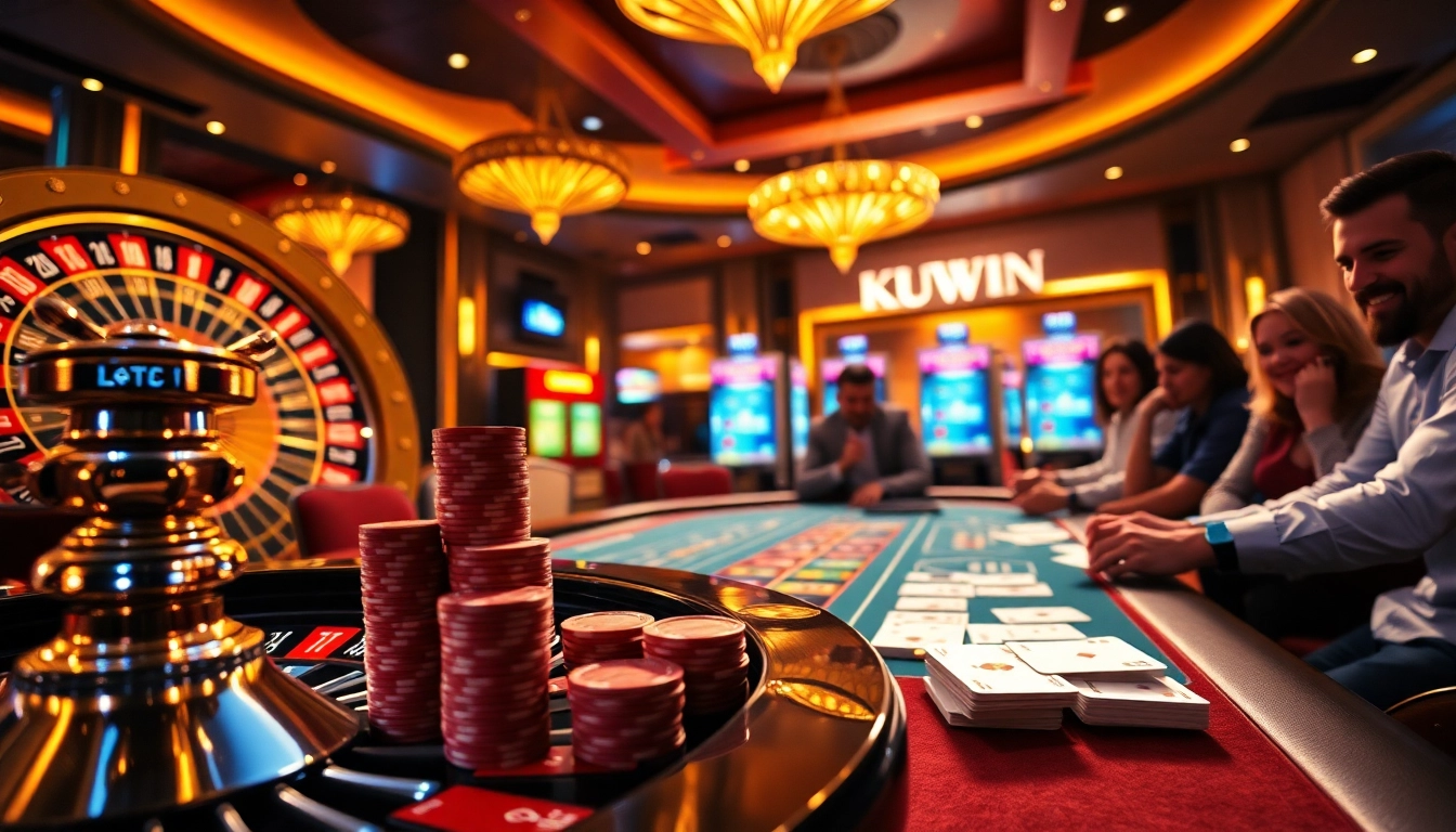 Experience thrilling gameplay at KUWIN's luxurious casino, featuring vibrant tables and eager players.
