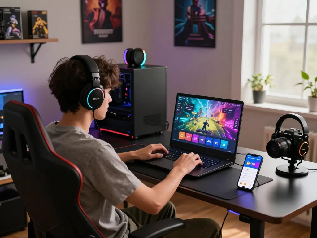 Player engaging with Hitclub online gaming platform in a vibrant and modern gaming environment, showcasing game graphics and accessories.