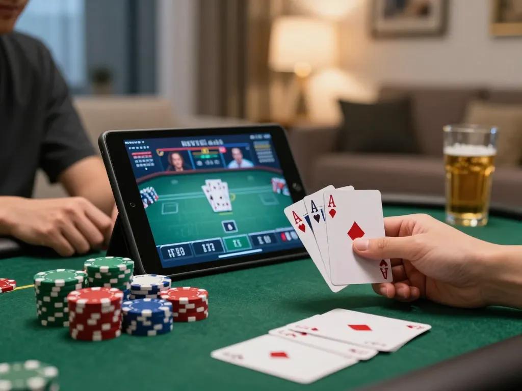79king player actively engaging in an online poker game using a tablet while practicing responsible gambling.