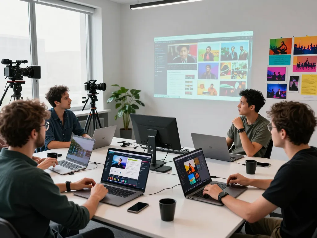 Creative team collaborating on Seedance AI video production in a modern studio