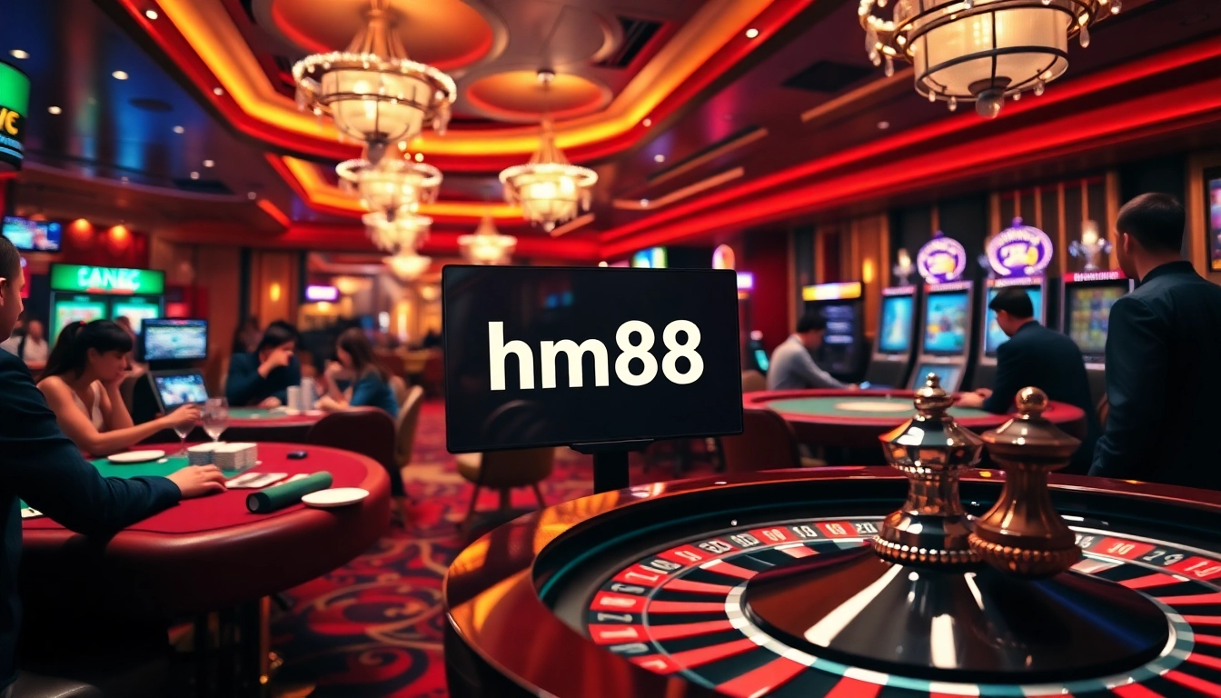 Engage with the vibrant gaming atmosphere at the hm88 link casino, featuring poker tables and roulette wheels.