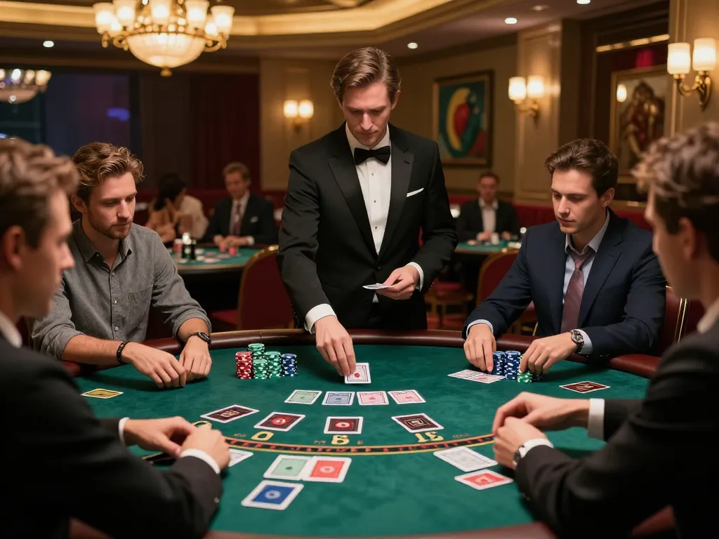 Engaged players strategizing at the OKFUN Blackjack table in a luxurious casino setting.