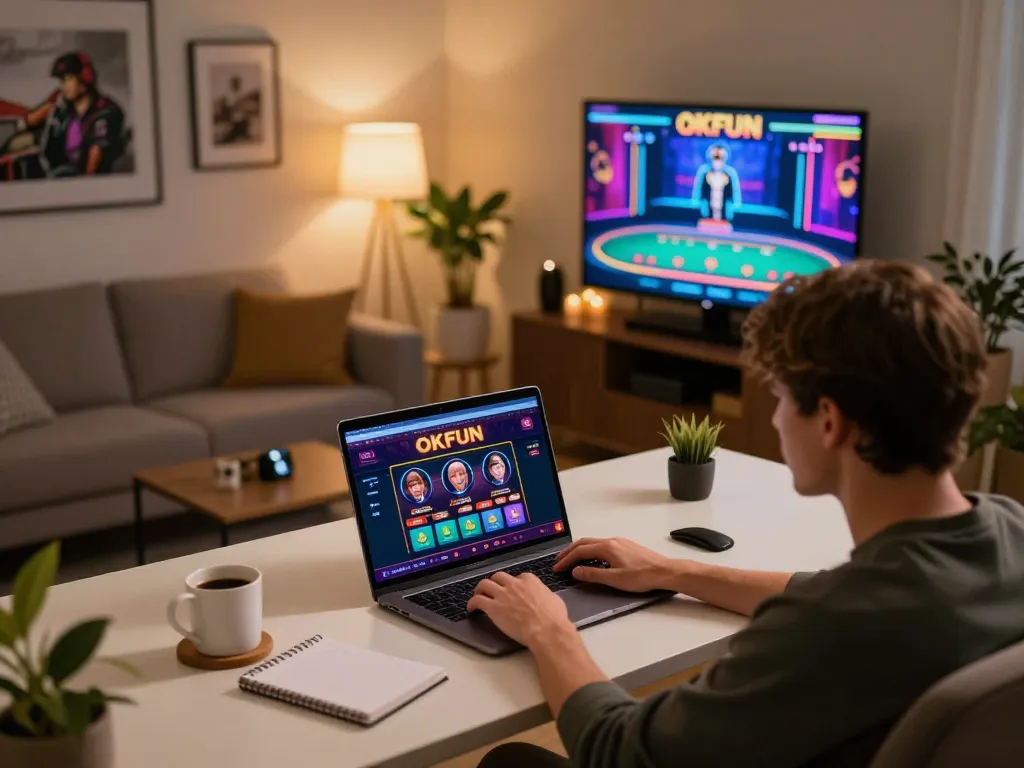 Engaging online gaming experience with OKFUN casino interface on a laptop in a cozy setup.