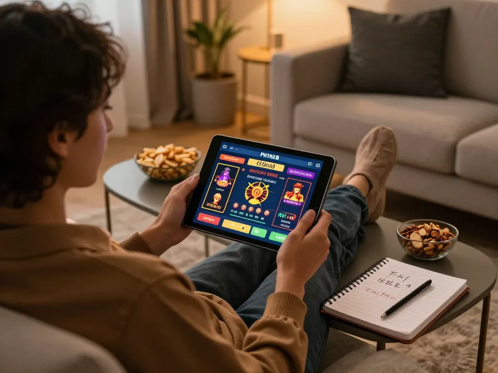 PHTAYAB user engaging with online casino app on tablet in a cozy home setting.