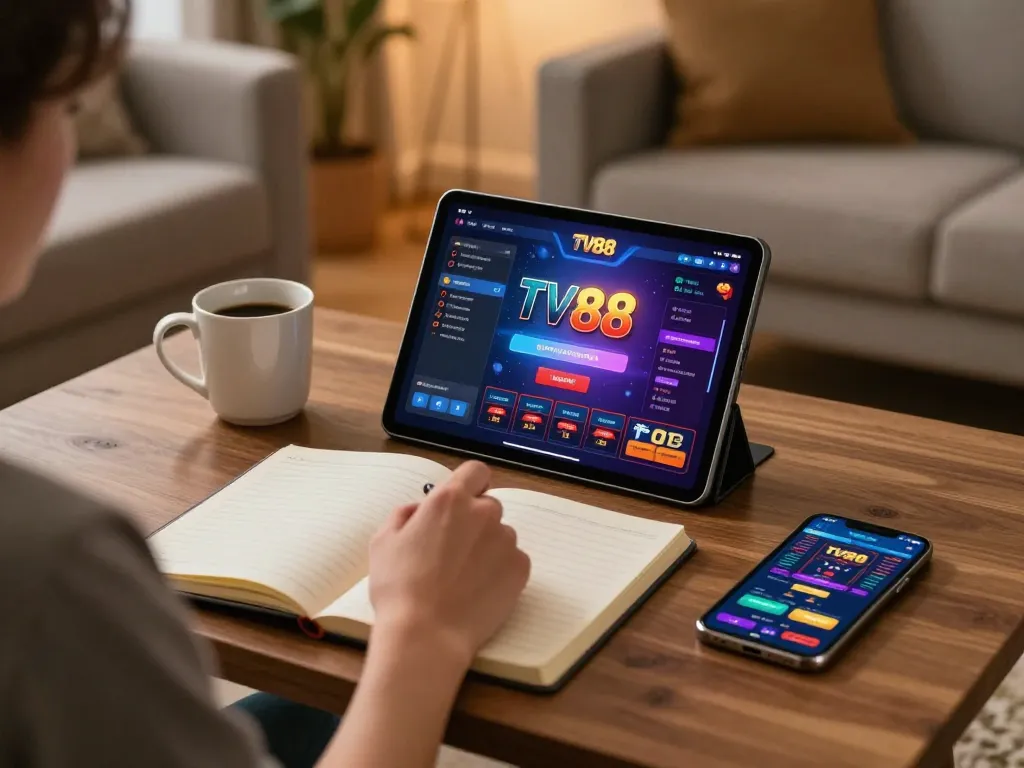 Player engaging with TV88’s casino app on a tablet in a cozy home setting, showcasing responsible gaming.