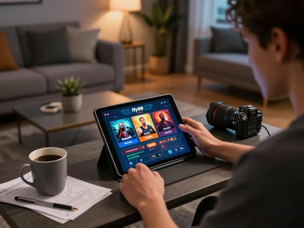 Engaging with the fly88 casino app in a cozy living room, revealing strategic online gaming experience