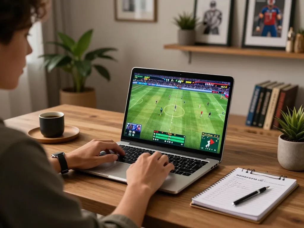 Bsport user analyzing sports betting odds and statistics on a laptop in a cozy home setting.