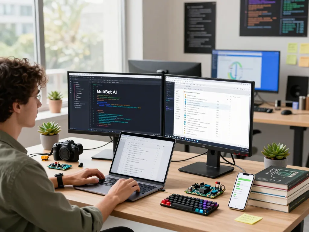 MoltBot AI workspace with developer coding on dual monitors and project management tools.