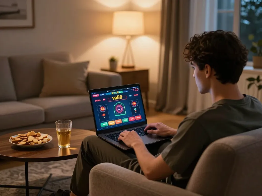 Engaging in online gambling at va88 with a laptop in a cozy home setting.