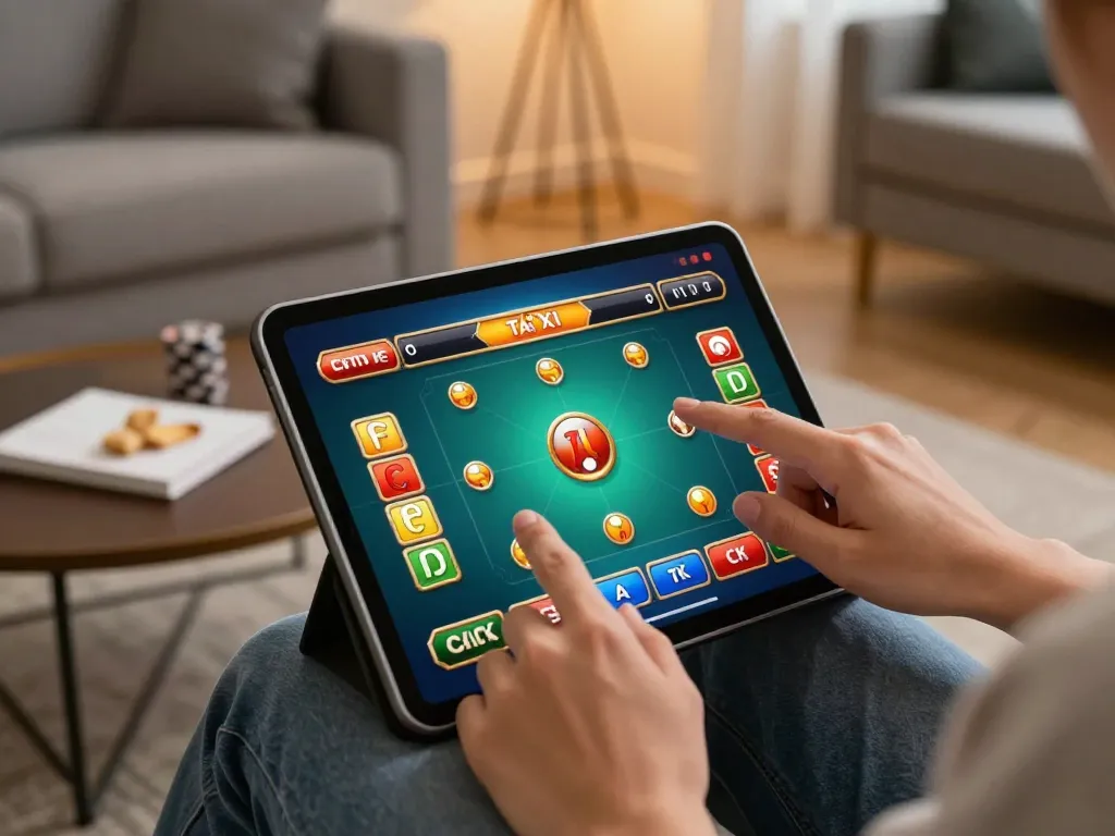 Tài xỉu online uy tín engaging gameplay on mobile device in a comfortable home setting.