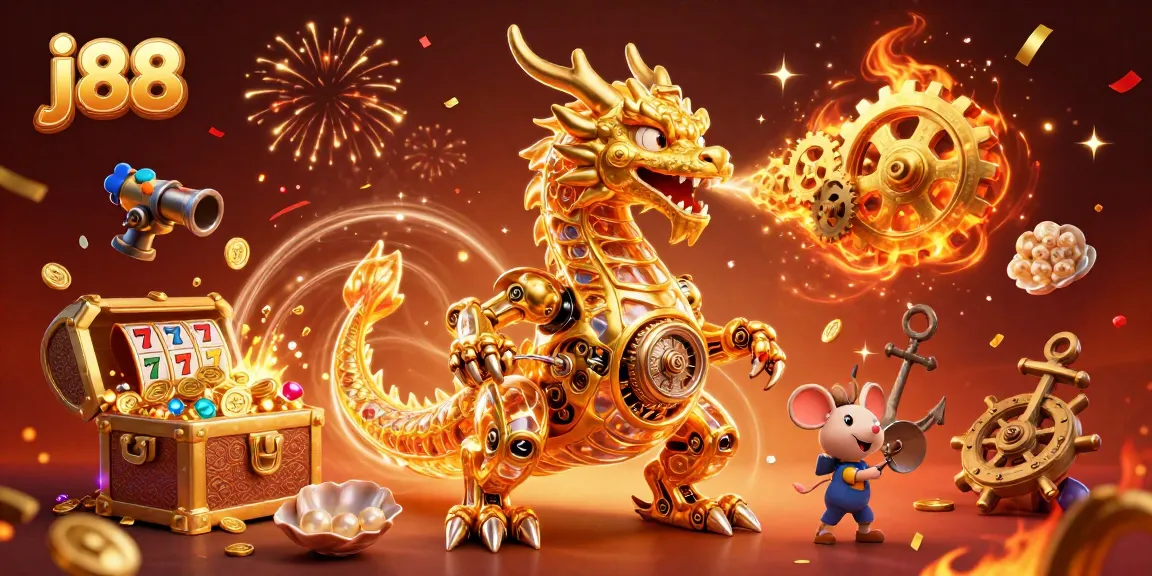 Engage with thrilling slots at j88 amidst a vibrant golden dragon and underwater treasures.