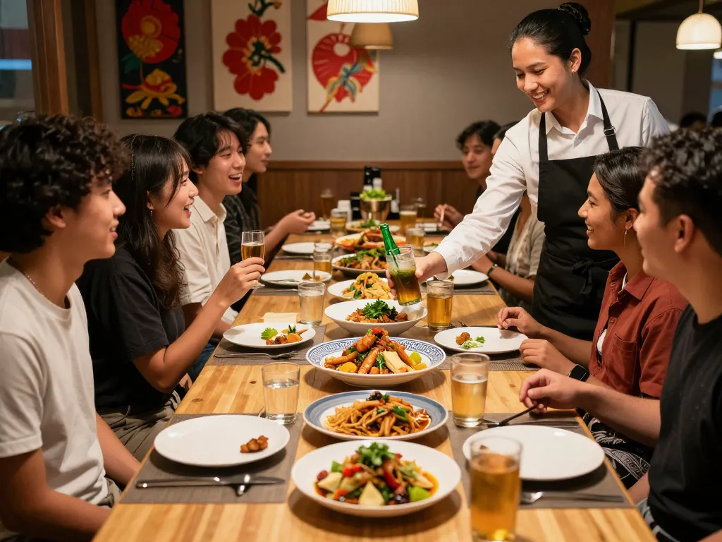 Friends enjoying dinner at RED88 with Asian fusion cuisine and vibrant atmosphere.