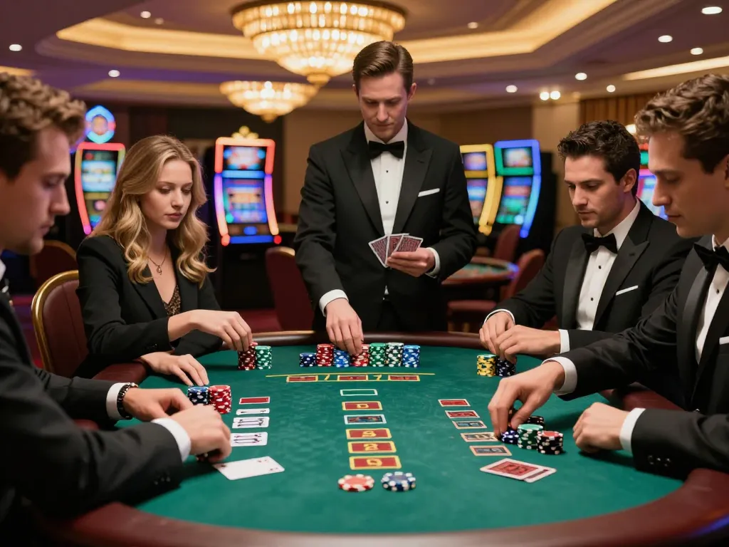 Engaging players in a blackjack game at a situs gacor casino table, showcasing high stakes and excitement