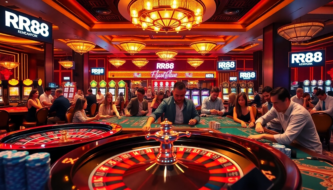 Experience the excitement of RR88 gaming with vibrant casino tables, roulette wheels, and poker chips.