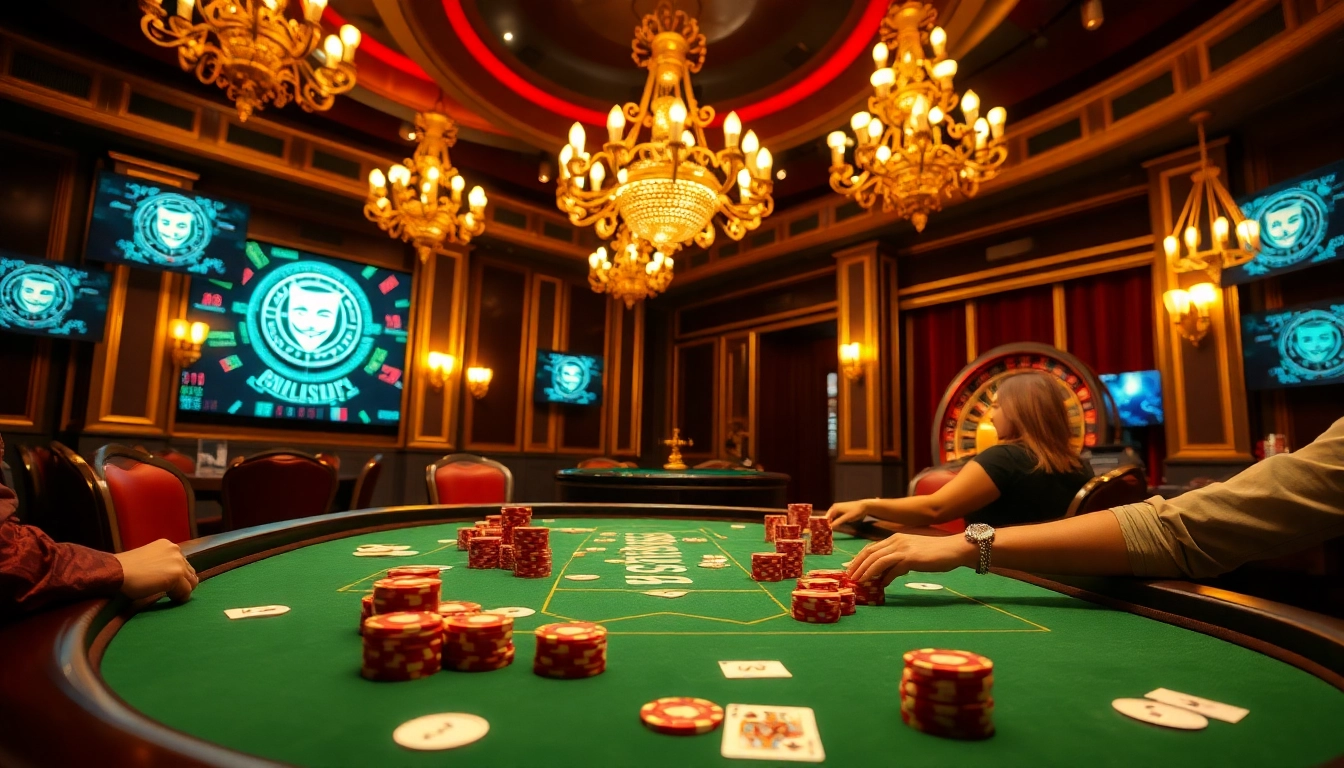 The hidden wiki dark web alongside a vibrant casino setting with poker tables and roulette wheels, showcasing high-stakes gambling excitement.