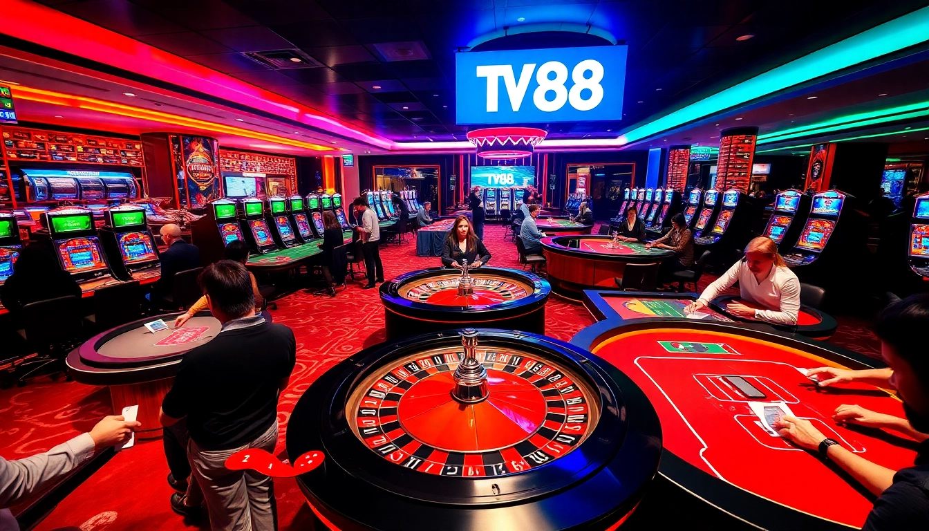 Experience the excitement of gambling with the TV88 link at a luxurious casino, featuring vibrant roulette and poker tables.