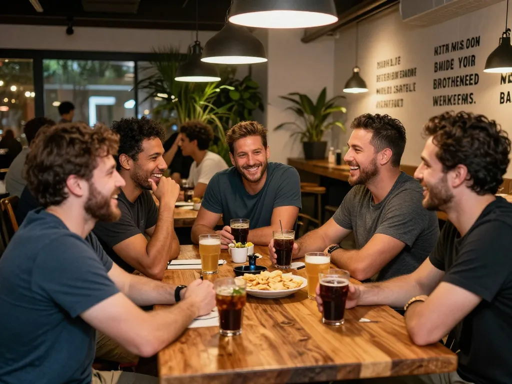 Men enjoying camaraderie in a supportive manclub atmosphere.