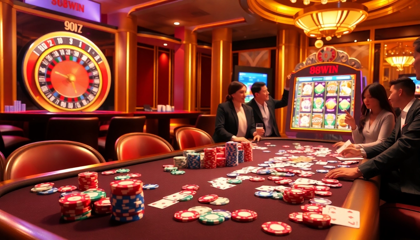 Feel the thrill of winning at 98win com with vibrant poker chips and a spinning roulette wheel.