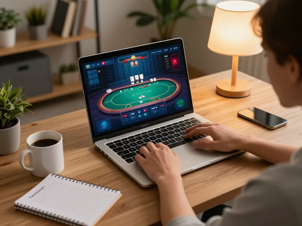 Playing online poker on a laptop with a cozy vibe showcasing sun win strategy notes and warm lighting.
