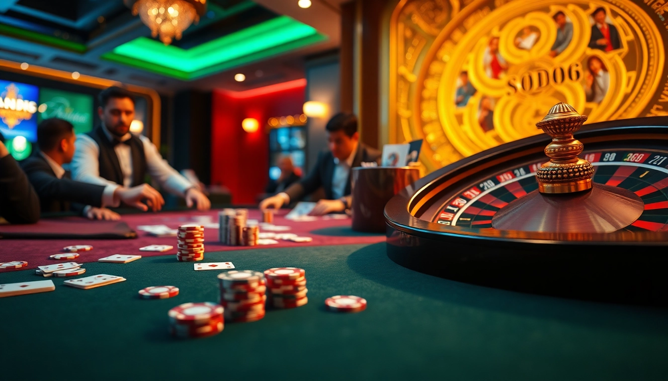 SODO66 players immersed in a thrilling poker game at a luxurious casino table.