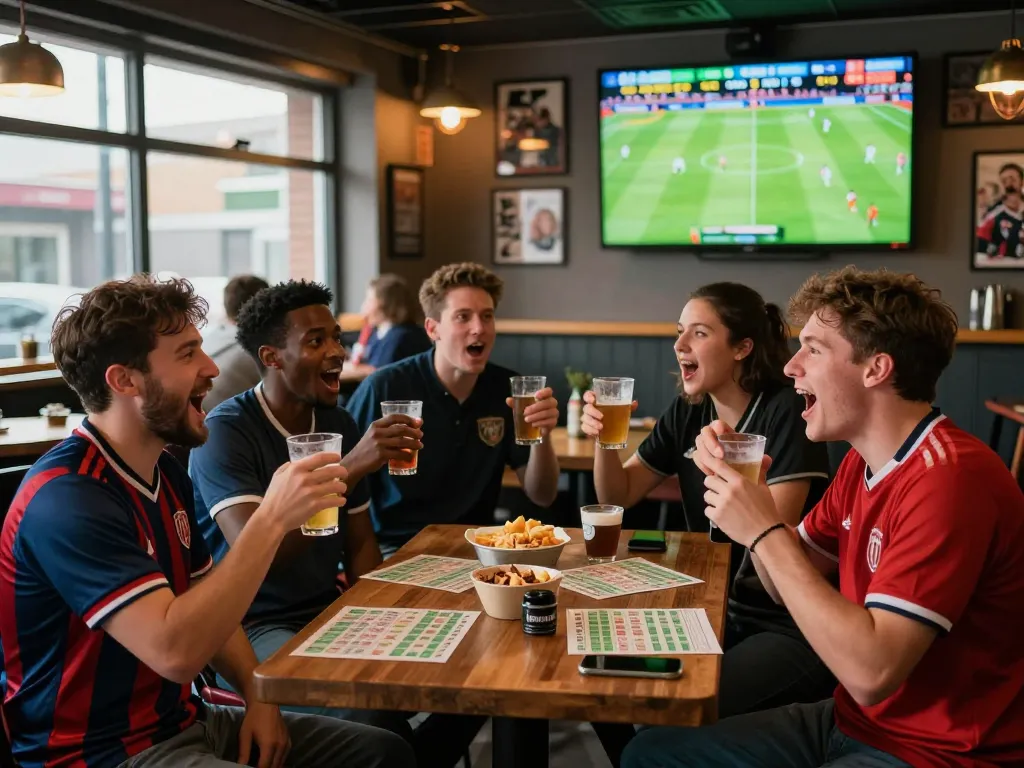 Friends cheering for their favorite team while engaging in 1gom betting at a lively sports bar.