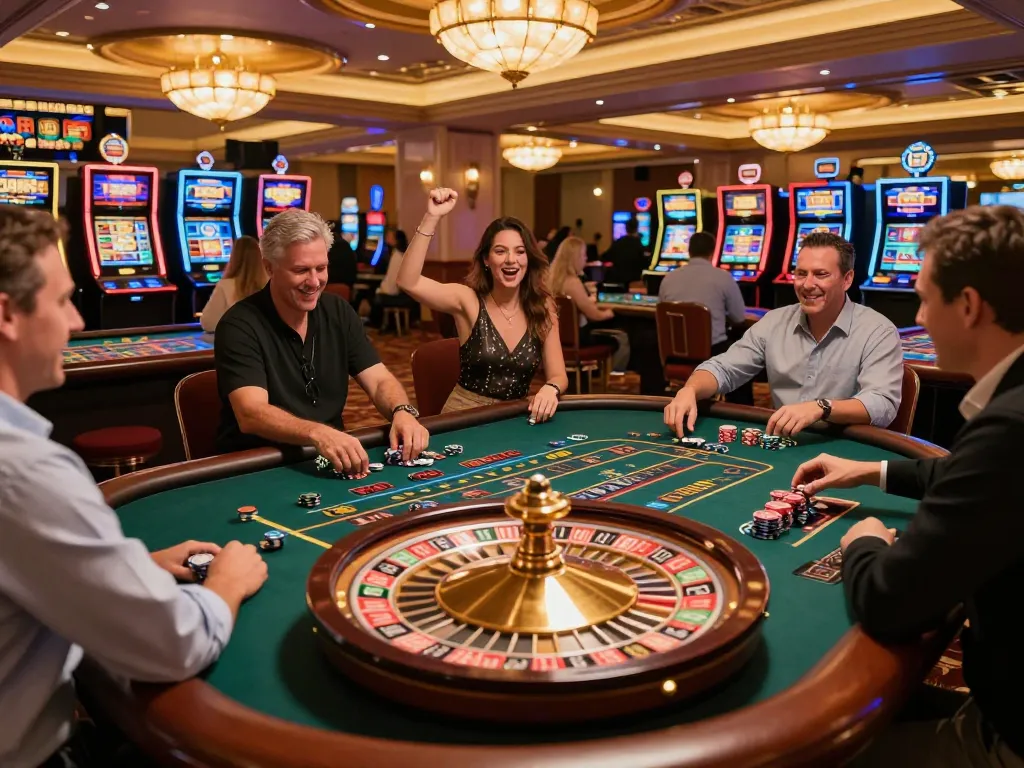 Go8 players engaging at roulette tables in a vibrant casino atmosphere, showcasing excitement and action.