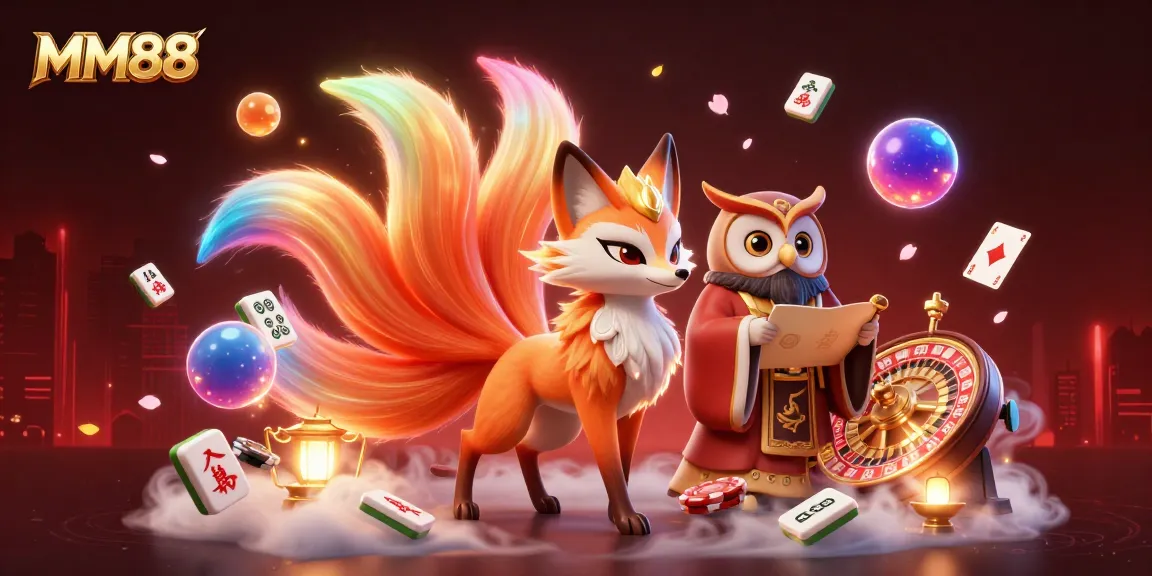 Engage with MM88's vibrant casino adventure with mystical fox spirit, wise owl, and dynamic gaming elements.