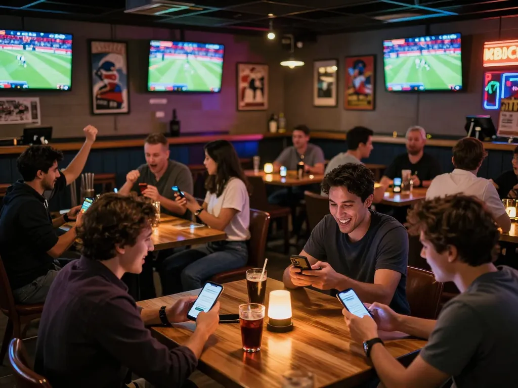 Engaged fans using mobile devices for sports betting at a vibrant sports bar while enjoying live games, Nhận định kèo enhancing the experience.