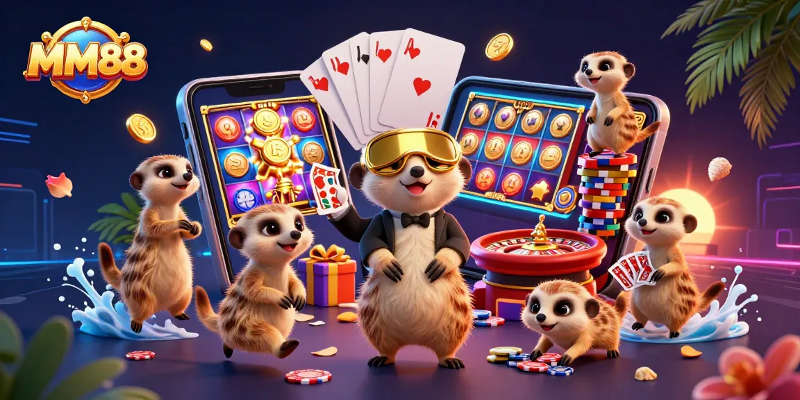Experience gaming excitement with MM88 as meerkats run a lively casino scene filled with action elements.