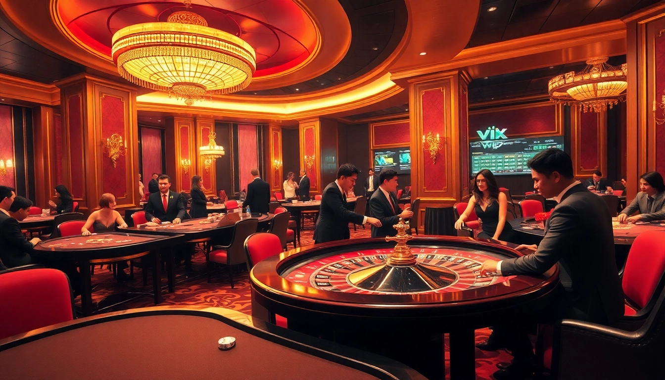 Engaging scene of a luxury casino showcasing rik vip gaming experience with cards and roulette wheel.