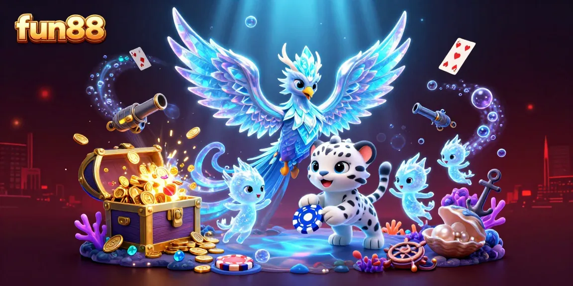 Experience the thrill of fun88 gaming with a vibrant 3D scene featuring an ice phoenix, animals, and glimmering treasure.