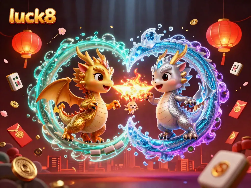 Engage with luck8 through an epic dragon battle illustration featuring vibrant casino elements.