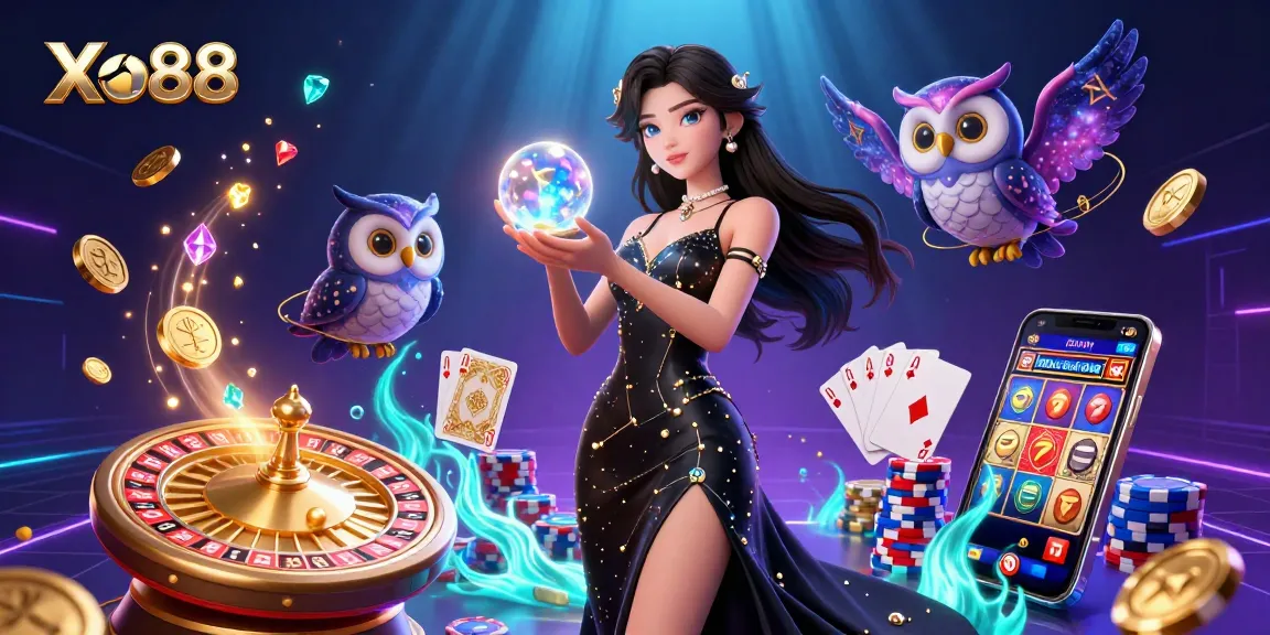 Xo88 casino scene showing vibrant games with cascading gold coins and a mystical woman in a black gown.