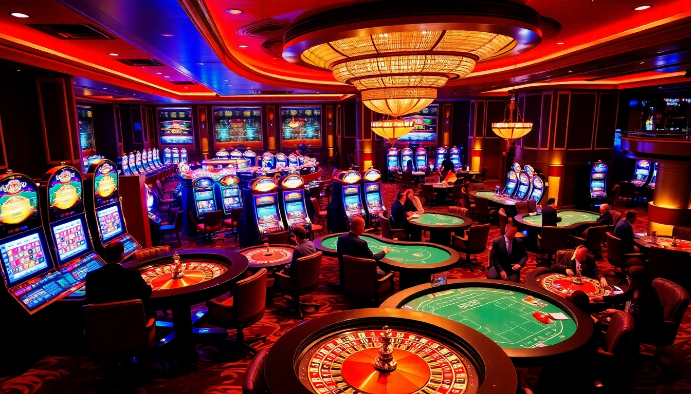 Exciting gameplay at F168 casino with vibrant slot machines and focused poker players.