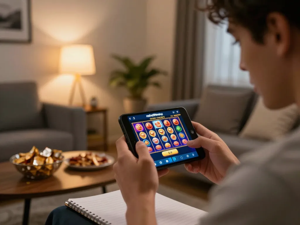 Player engaging with the nohu90nohu casino app on their smartphone, surrounded by snacks and strategic notes in a cozy setting