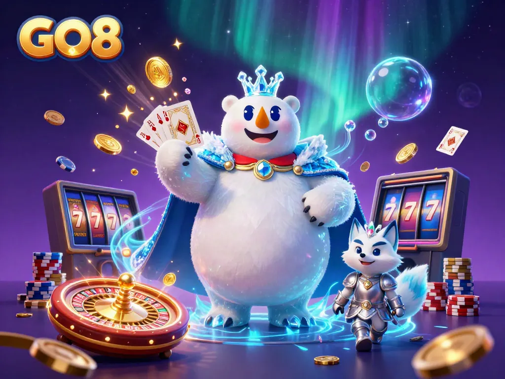 Engage in thrilling gameplay at GO8 with vibrant casino elements like gold coins and a spinning roulette wheel.