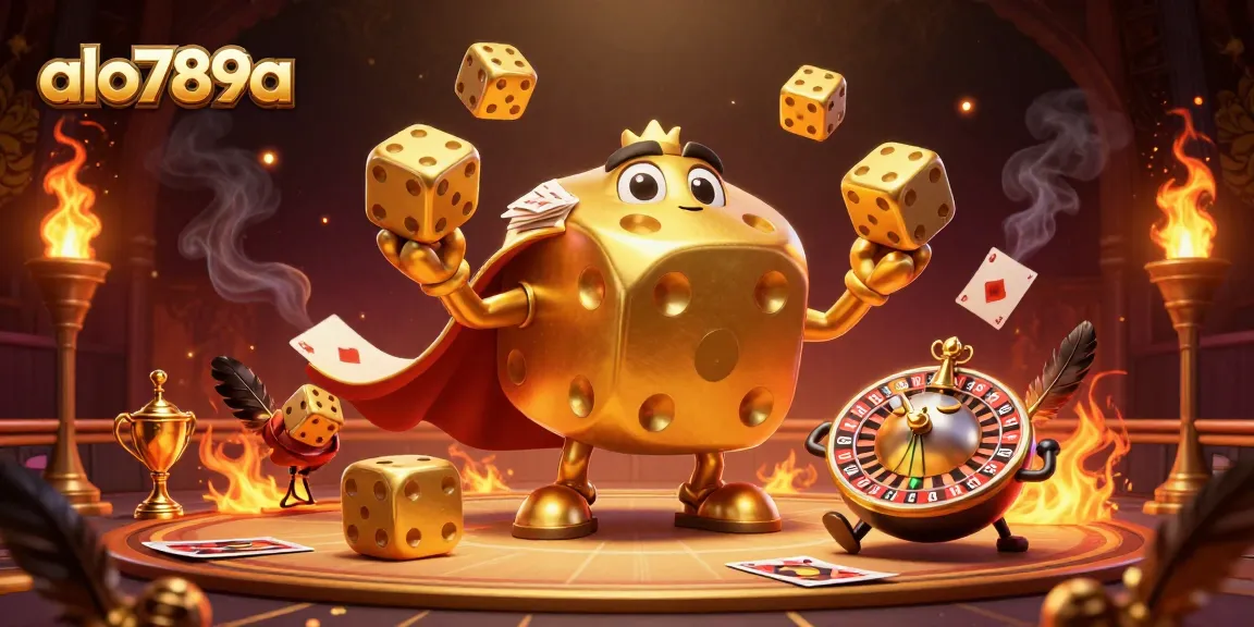 Alo789a showcases a vibrant cockfighting scene with golden dice golem and gold coins swirling around, enhancing the gaming thrill.